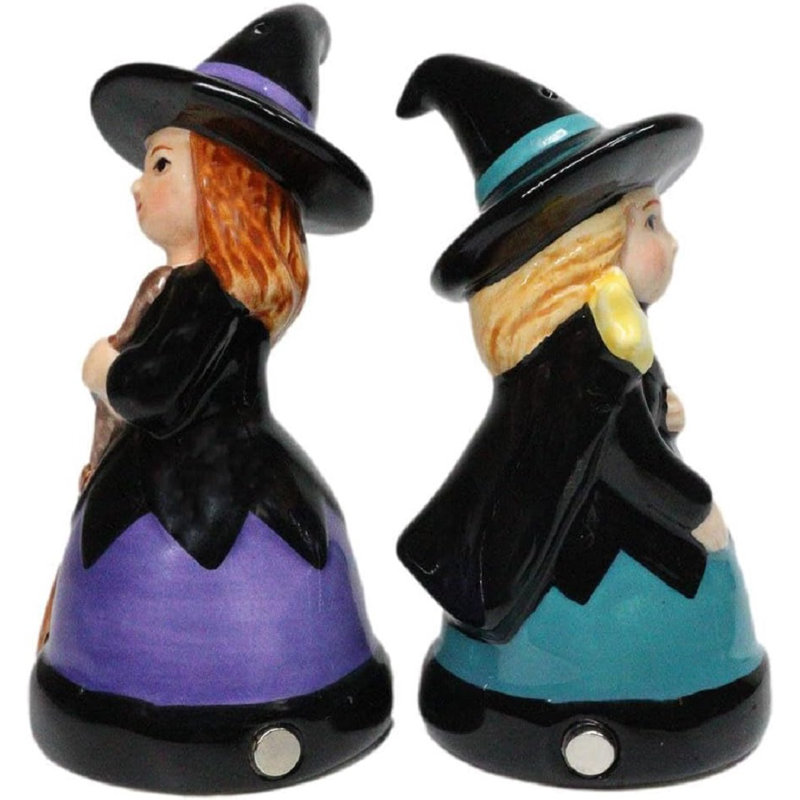 Hocus Pocus Witches With Broomstick Magic Wand Ceramic Salt Pepper Shakers Set