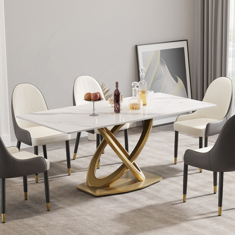 70,84 po. Pierre artificielle moderne à panneau blanc avec double anneau et pieds en métal. Peut accueillir 6 à 8 personnes (avec 6 chaises).