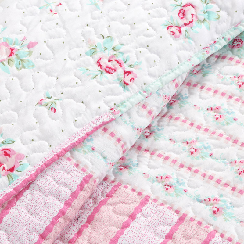 Tiffany Pink Garden Floral Quilt Set, King Quilt + 2 Shams + 3 Throw Pillows