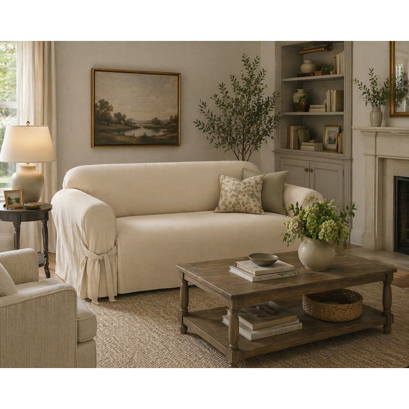 Cotton Box Cushion Sofa Slipcover, Blue