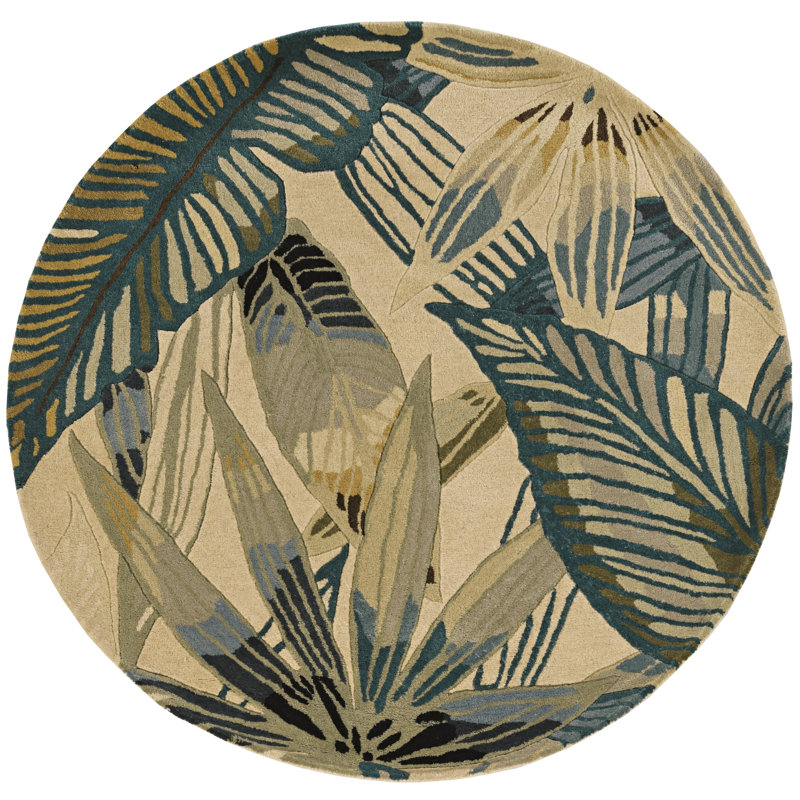 Tapis ivoire / vert en laine touffeté à la main Remington, Rond 5 pi 6 po