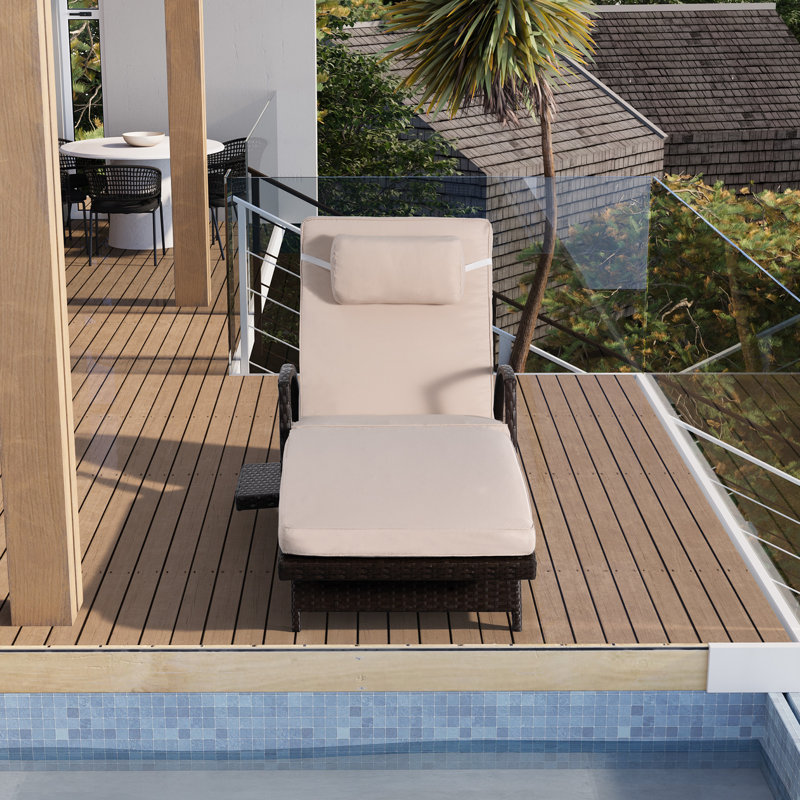 2 Piece Outdoor Wicker Chaise Lounge Set Adjustable Pool Lounge Chairs with Cushions and Built-in Side Table, Beige