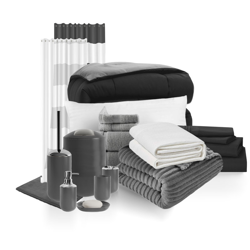 Ensemble complet pour chambre d'étudiant, lit simple TG et ensemble de salle de bain, Noir/gris