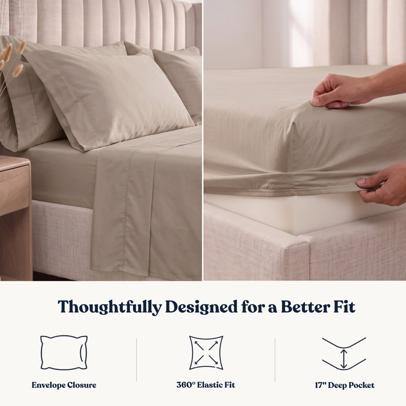 Delara GOTS Certified 100% Organic Cotton Sateen Sheet Set, 400TC Long Staple, Soft & Breathable with Deep Pocket, Natural