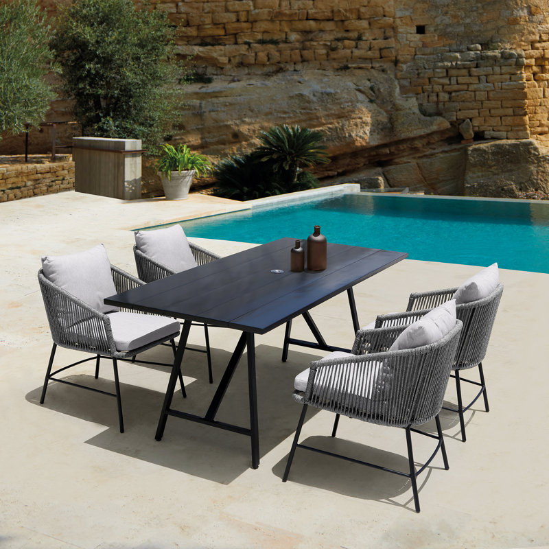 4 - Person Patio Dining Set with Rectangular Table , Cushions Included, Dark Grey Frame/White Cushion
