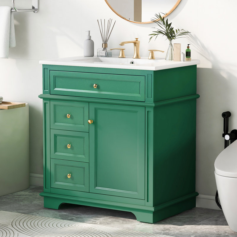 30" Bathroom Vanity With Sink, One Tip-Out Drawer, Three Drawers, Door Shelf, Soft Closing Door