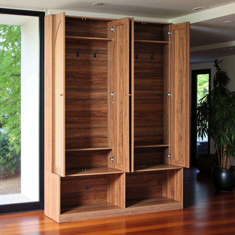 Arbre d'entrée de style campagnard avec 4 portes en rotin, banc polyvalent 4 en 1 avec 6 crochets, armoire à chaussures de style Mid-Century avec tablette