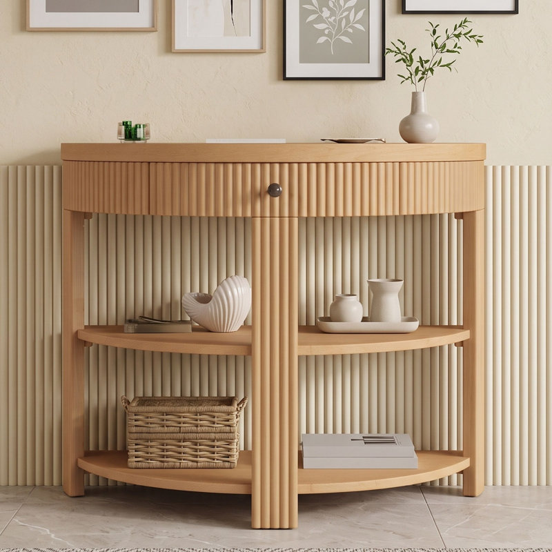 Console cannelée demi-lune avec tiroir et tablettes, Naturel