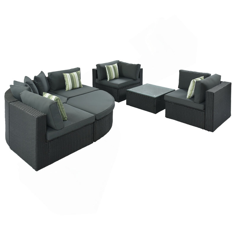 7-Piece Outdoor Wicker Sofa Set, Rattan Sofa Lounger, With Striped Green Pillows, Conversation Sofa, For Patio, Garden, Deck