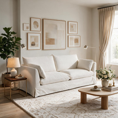 Causeuse lavable à 2 places - Coussin et housse amovibles - Canapé en lin durable pour le salon, l'appartement et le bureau (blanc / avoine / vert)