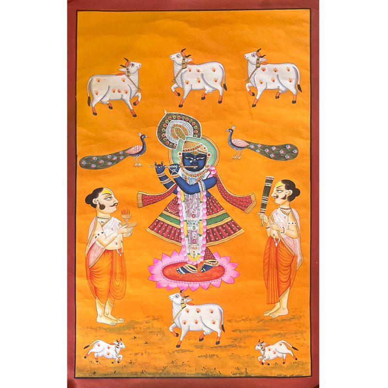 Shrinathji jouant de la flûte vénérée par un prêtre | Pichhwai, aquarelle d'art sur coton