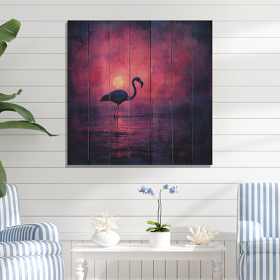 Lavande, silhouette de flamant rose dans la nuit III - décoration murale en bois de flamants sur bois de pin naturel