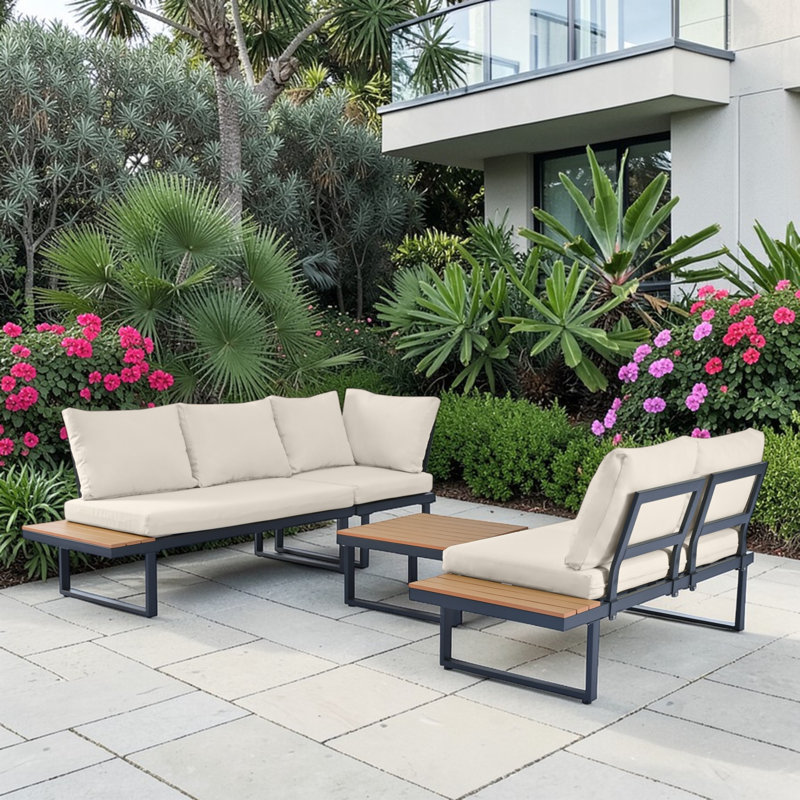 195cm Wide L-Shaped Patio Sectional Set, Beige