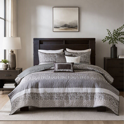 Quilt Set, 6-Piece Reversible Jacquard with Throw Pillows - Grey/Taupe - King/Cal King