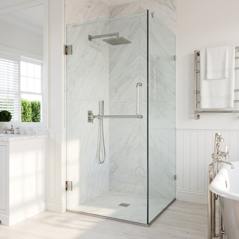Pacifica 34" W x 46" D x 73" H Hinged Frameless Shower Enclosure with 3/8  Clear Glass, Brushed Nickel