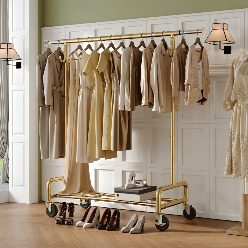 Clothes Rack Heavy Duty Clothing Rack With Wheels, Adjustable Garment Rack For Hanging Cloth Loads 400 Lbs Chrome, Gold