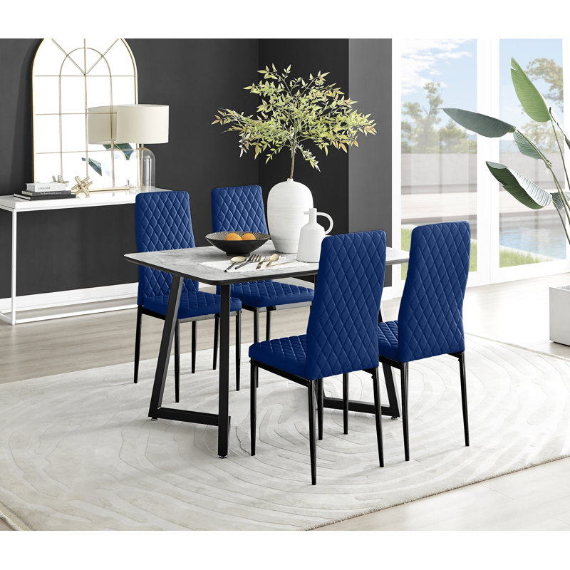 Benia White & Grey Marble Effect Dining Table Set with x4 Luxury Velvet Upholstered Dining Chairs, Navy/Black