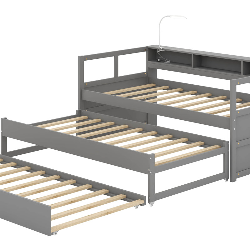 Twin XL Wood Daybed With 2 Trundles, Storage Cubbies, 1 Light For Free And USB, Gray