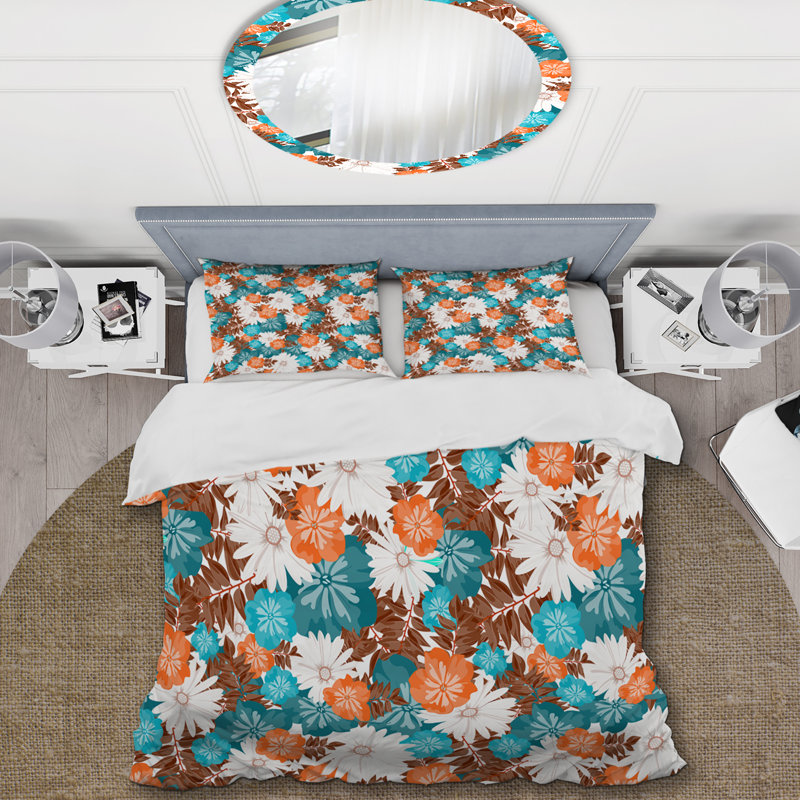 Bleu floral et feuille brune - ensemble de housse de couette floral - microfibre de polyester
