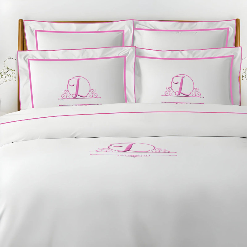 Monogram Embroidery & Border Cotton Sateen Solid Duvet Cover Set, King Duvet Cover, Yes