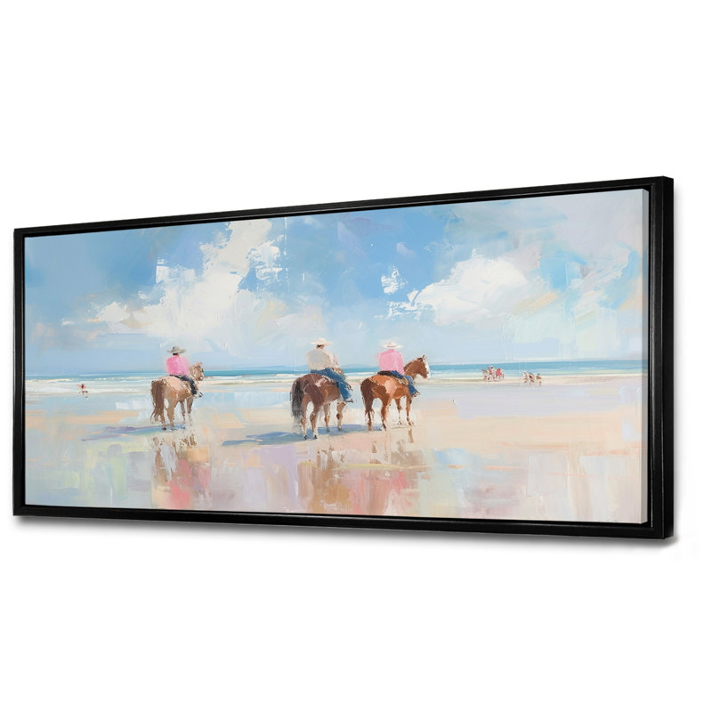 Surfside Beach, Texas Cowboys à cheval - décoration murale de cow-filles, Toile avec cadre flottant noir