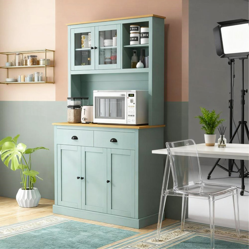 Light Blue Pantry Storage Cabinet Freestanding  Kitchen Buffet with Hutch with Drawers, Glass Doors, and Adjustable Shelves