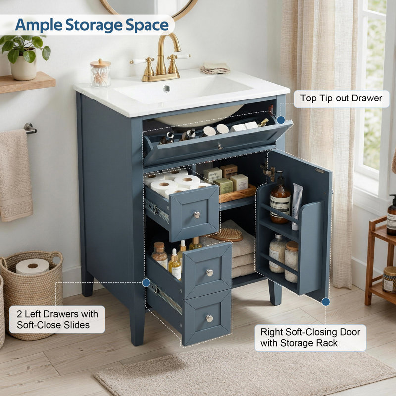 24" Modern Freestanding Single Bathroom Vanity with Ceramic Sink, 3 Soft-Close Drawers, Storage Rack, Solid Wood Legs, One Package