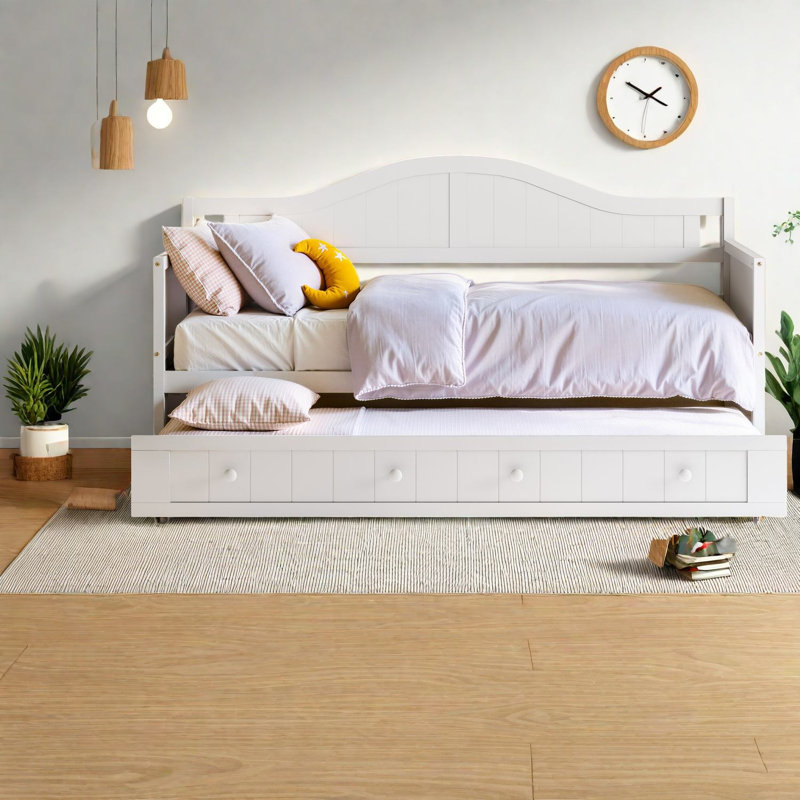 Lit double en bois avec lit gigogne de rangement, lits blancs de 199 cm (78,2 pouces), style ferme moderne, White