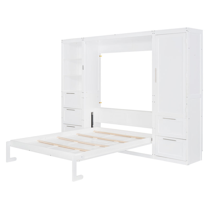 Grand lit escamotable mural avec placard, tiroirs et tablettes, rangement sur mesure, Blanc
