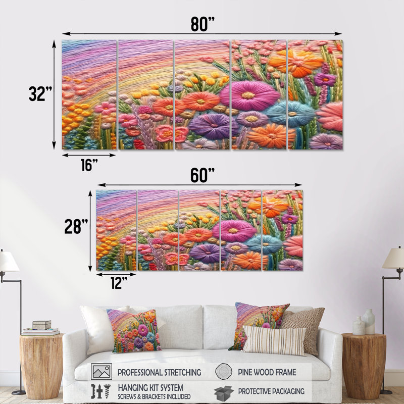 Broderie de fleurs pastel arc-en-ciel printanier - fleurs sauvages 5 pièces, H 28 po x l 60 po
