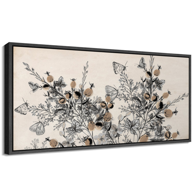 Carnet de croquis de la nature botanique et papillon, reproduction sur toile, H 30 po x l 60 po, Noir, noir, noir, noir
