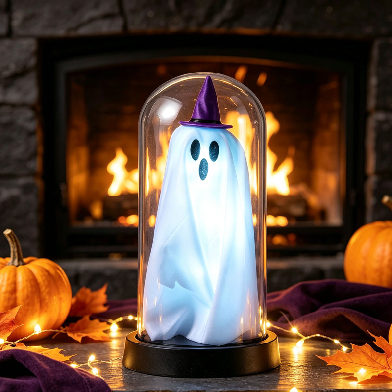 Halloween Ghost Lights In Dome Cute Fabric Ghost Lamp With Witch Hat Battery Operated Color Changing LED Ghost Night Light, B