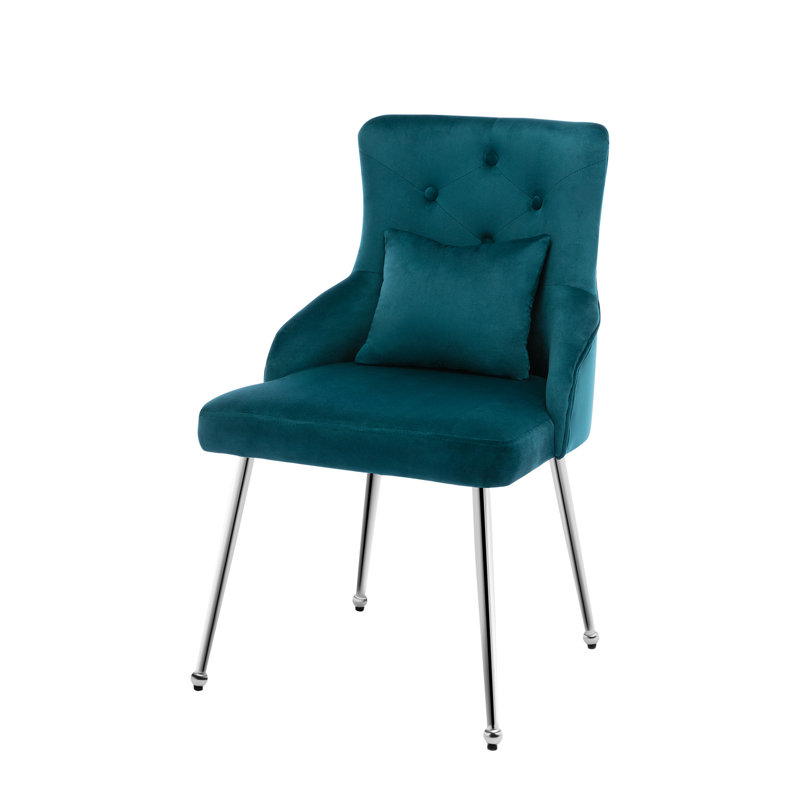 Dorsi Velvet Upholstered Button Tufted Modern Dining Chair, Teal, Silver