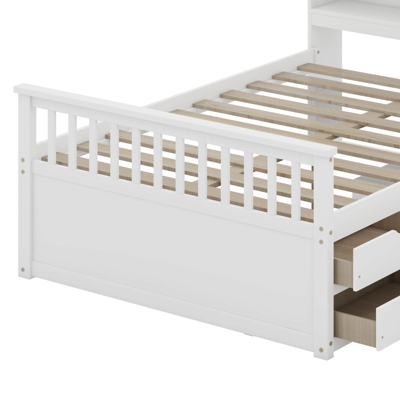 Structure de lit plateforme double pleine grandeur avec bibliothèques de rangement et tablettes, quatre tiroirs, Blanc