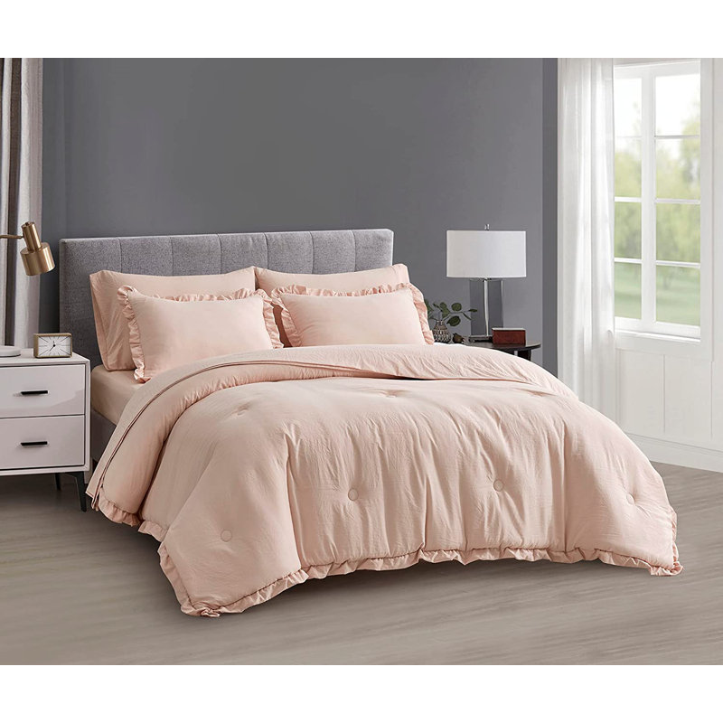 Ruffled Edge Microfiber Bed in a Bag Comforter Set, Queen Comforter + 6 Additional Pieces, Blush