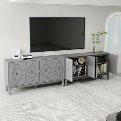 4 doors cabinet Vintage Storage Cabinet with Hand-Carved Geometric Doors, Adjustable Shelves, Black Finish, Raised Legs for Easy Cleaning, Sideboard Buffet Cabinet for Living Room and Dining Room