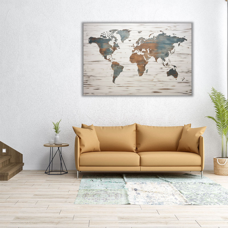 "Carte du monde terrestre sur bois", H 20 po x l 30 po