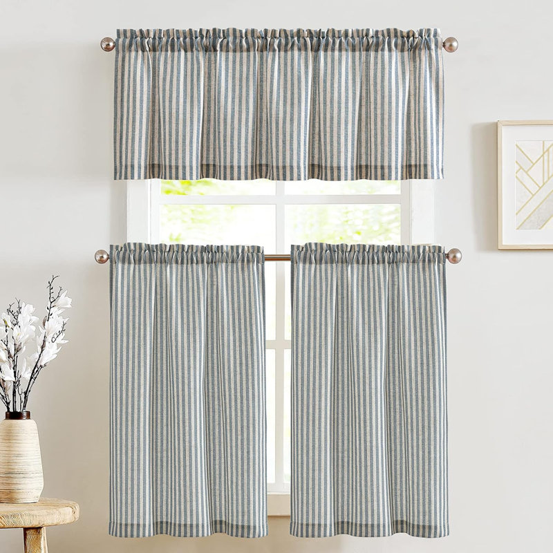 Rod Pocket Striped Kitchen Curtains, Blue, 52" W x 24" L