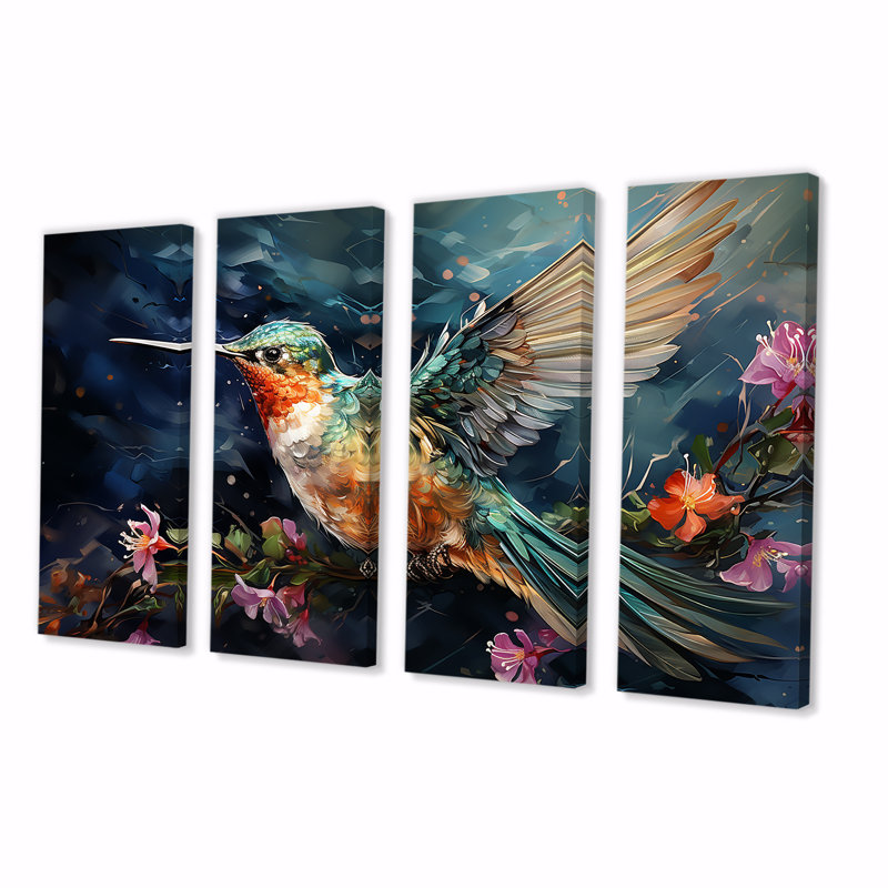 «Green Fluttering Emerald Hummingbird Blooms I - Hummingbird», toile d'art murale 4 pièces, H 28 po x l 48 po