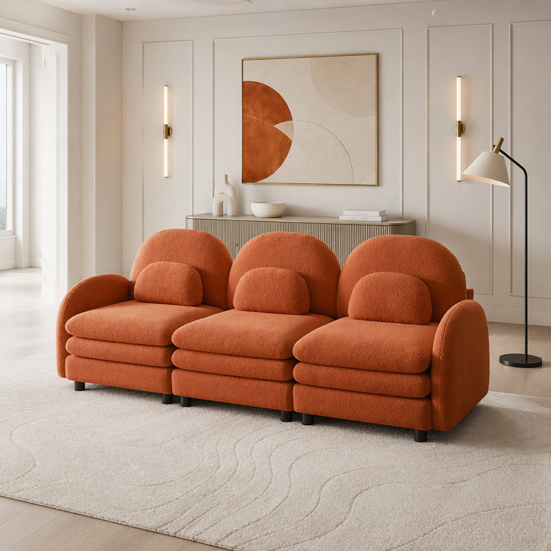 Canapé en tissu Teddy Cloud, dossier incurvé et accoudoirs avec coussins lombaires, Orange+3Seat