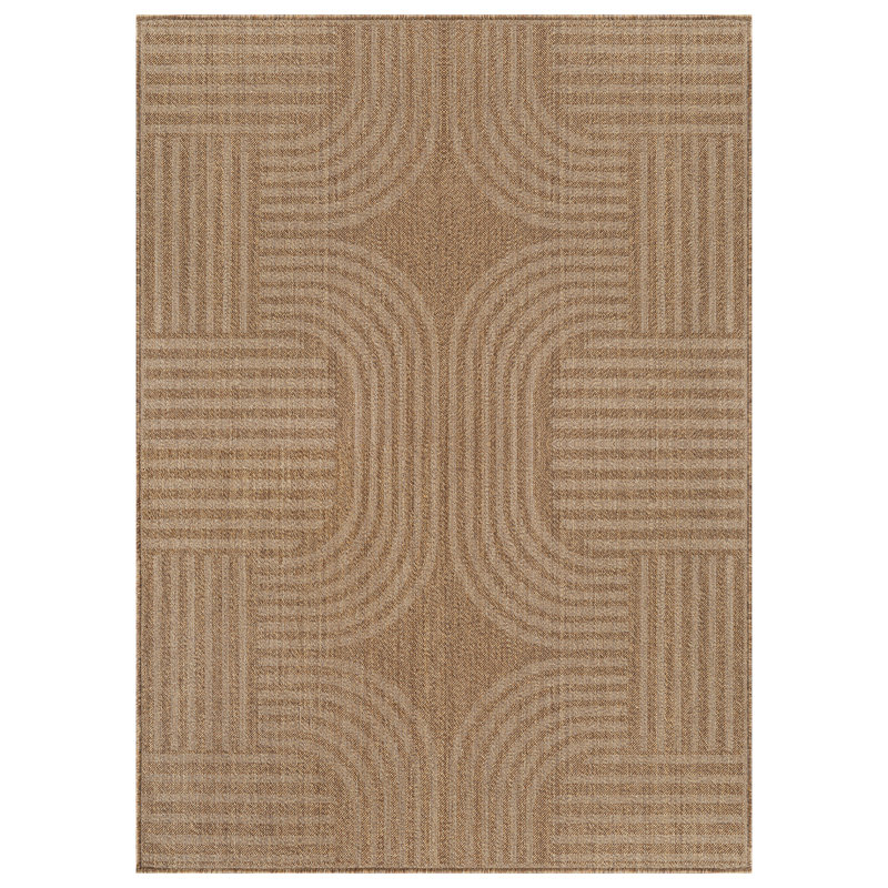 Geometric Border Sand/Natural Easy-Care Jute-Style Indoor/Outdoor Flat Woven Area Rug, Sand, Rectangle 5' x 7'