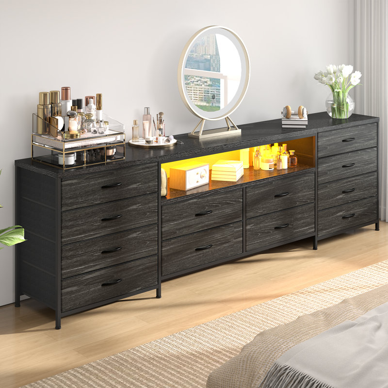 63" Long Tv Stand & Dresser With 12 Fabric Storage Drawers, Charging Ports & Led Lights, Black