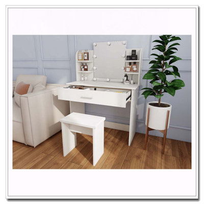 One Drawer Dresser Table with Stool and Adjustable Mirror