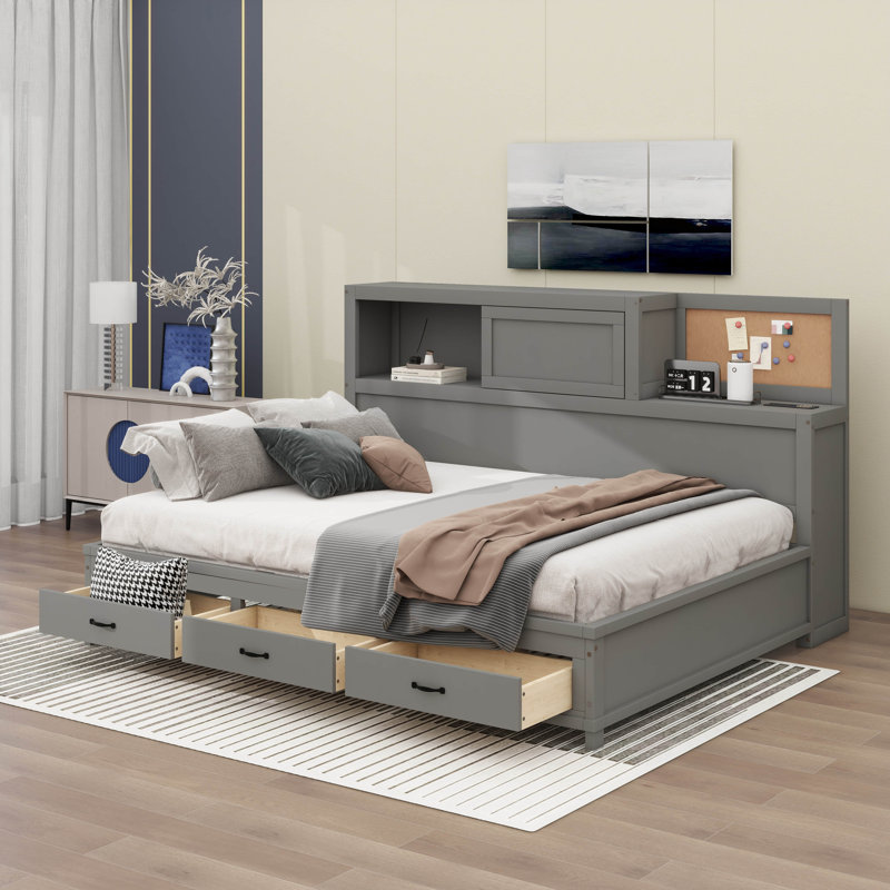 Lit de jour en bois Jacksten avec 3 tiroirs, tablette souple supérieure, tablette, prises et ports USB, Double, gris
