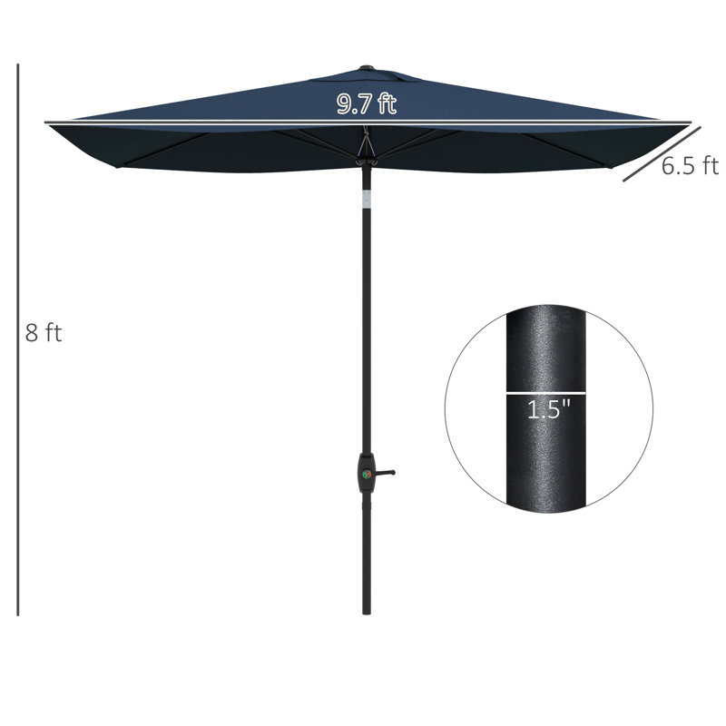 6.5' X 10' Rectangular Blue Patio Umbrella, Outdoor Table Umbrella With Plain Crank, Push Button Tilt & 50+ Guard Large Efficient Function And Coverage