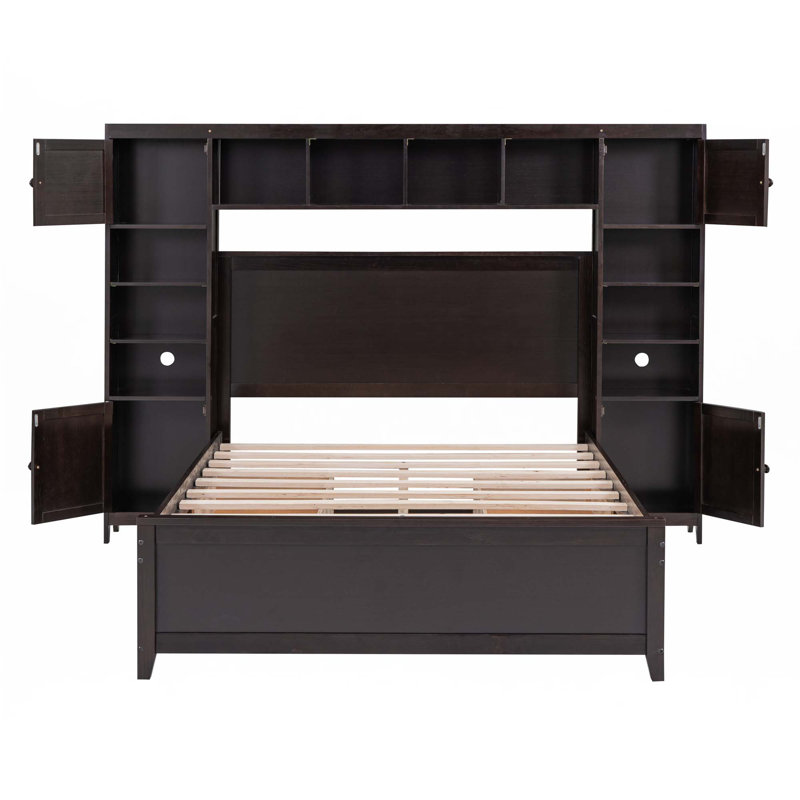 Lit en bois avec armoire et tablette tout-en-un, Espresso