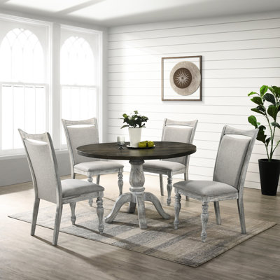 5 tables de salle à manger rondes et 4 chaises rembourrées gris / blanc vieilli avec finition gris blanc