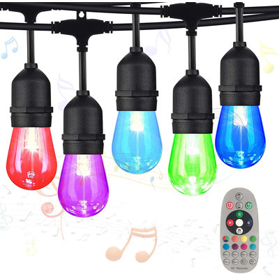 Hanjun 48ft Outdoor String Light with 15 Bulbs Music-Synced Colour Changing and Remote Control
