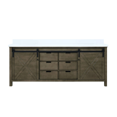 Meuble-lavabo double brun rustique 80 po L 22 po x P - Comptoir en marbre, structure en bois massif, fermeture en douceur, espace de rangement spacieux de 80 po et 22 po avec plateau en bois et fabrication durable