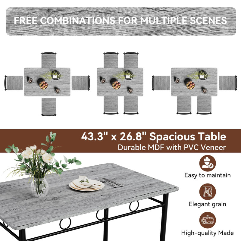 Rectangular Kitchen Dining Table Set With 4 Chairs, Gray